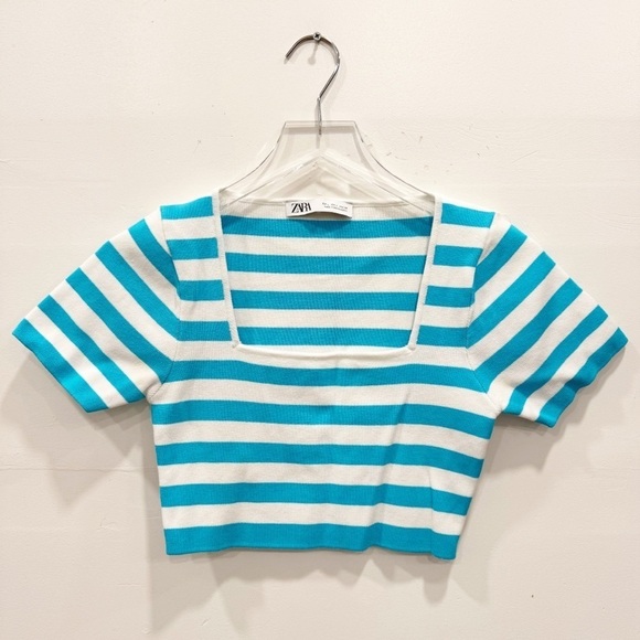 Zara Square Neck Crop Top Blue White Stripe Large - Picture 1 of 6
